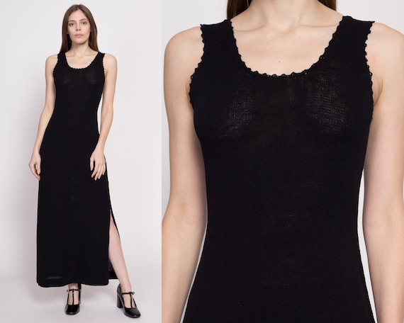 70s Black Knit Side Slit Maxi Dress Medium | Vint… - image 1