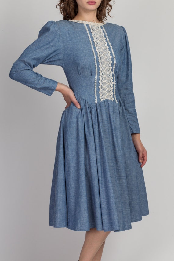 Gunne Sax Dress 70s Chambray & Lace Cottagecore Dress… - Gem