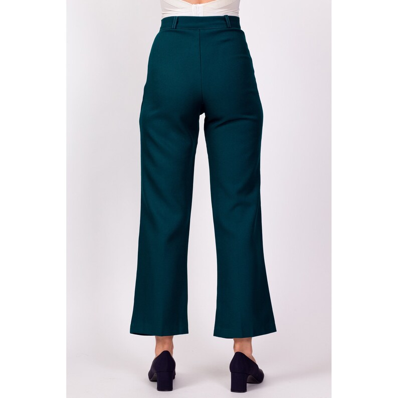 70s Emerald Green High Waisted Trousers XXS, 23 Vintage Straight Leg Retro Polyester Pants image 5