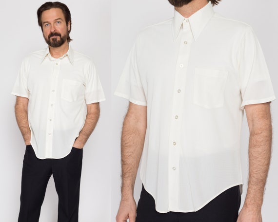 Large 70s Sheer White Short Sleeve Collared Shirt… - image 1