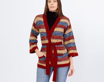 Cárdigan vintage de los 70 con cinturón, de punto jaspeado con rayas - Talla pequeña / Suéter estilo boho abierto, manga acampanada 3/4, estilo hippie