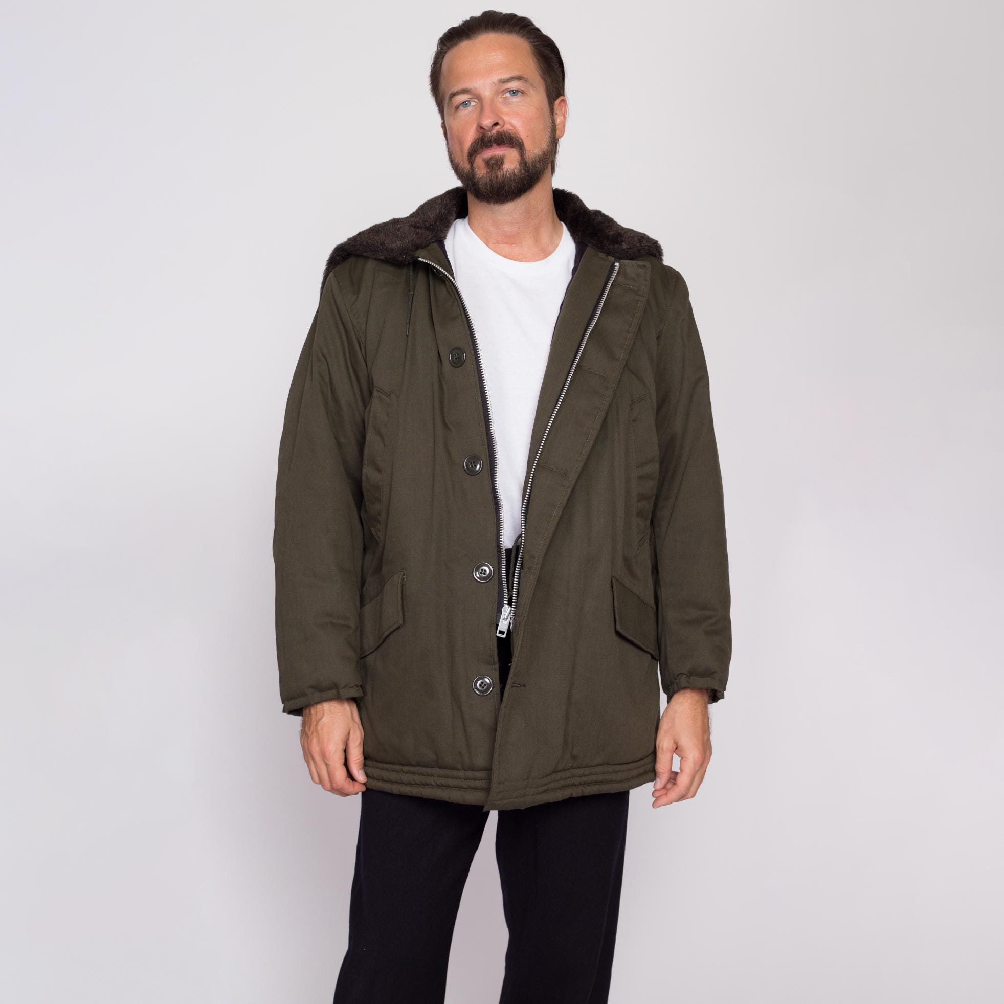 Army green coat with fur hood sale