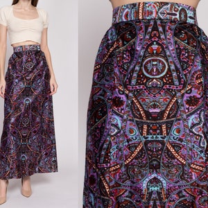 Medium 70s Psychedelic Maxi Skirt 29 Vintage Boho Purple Abstract Print Felt High Waisted A Line Skirt image 1