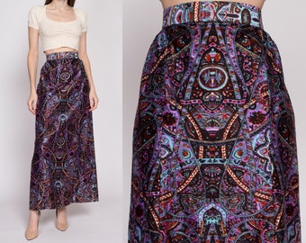 Medium 70s Psychedelic Maxi Skirt 29" | Vintage Boho Purple Abstract Print Felt High Waisted A Line Skirt