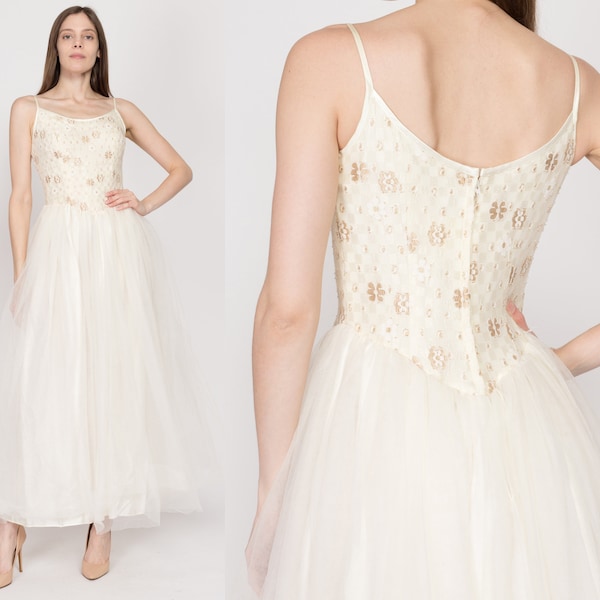 XS 80s Alfred Angelo Floral Fit & Flare Wedding Dress | Vintage Sleeveless Mesh Tulle Bridal Gown