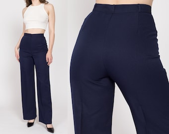 Small 70s Navy Blue High Waisted Trousers NWT 26.5" | Retro Vintage Panther Straight Leg Polyester Pants