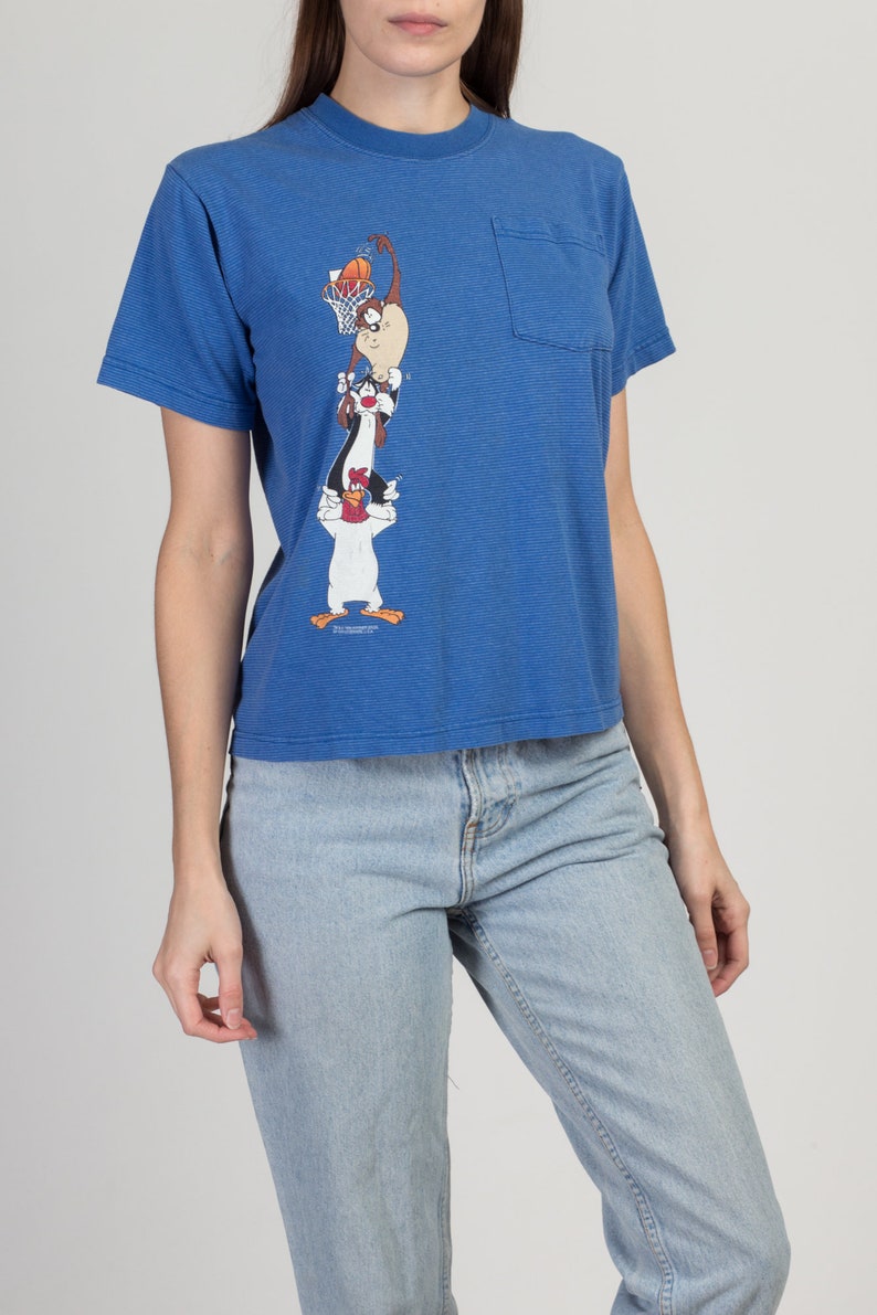 90s Looney Tunes Basketball T Shirt Small Vintage Blue Striped Graphic Cropped Pocket Tee image 4
