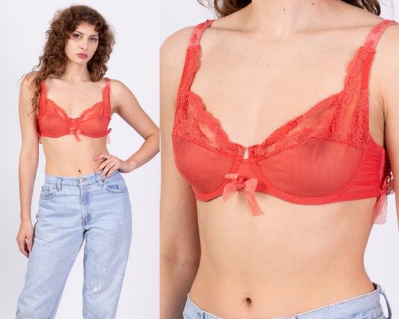 Vintage Aubade Paris Lace & Mesh Bra 36C Y2k Boho Sheer Coral Pink Bralette  French Lingerie 