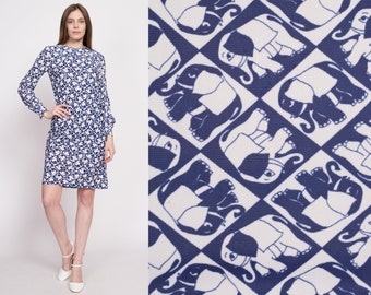 60s 70s Elephant Novelty Print Shift Dress, As Is Small | Vintage Handmade Blue White Long Sleeve Mini Dress