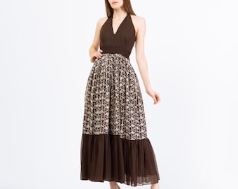 Vintage 70er Jahre Boho Maxi Kleid mit Blumenmuster in Braun & Weiß - Extra Small | Vintage Empire-Taille, Hippie Kleid, Boho Cottagecore