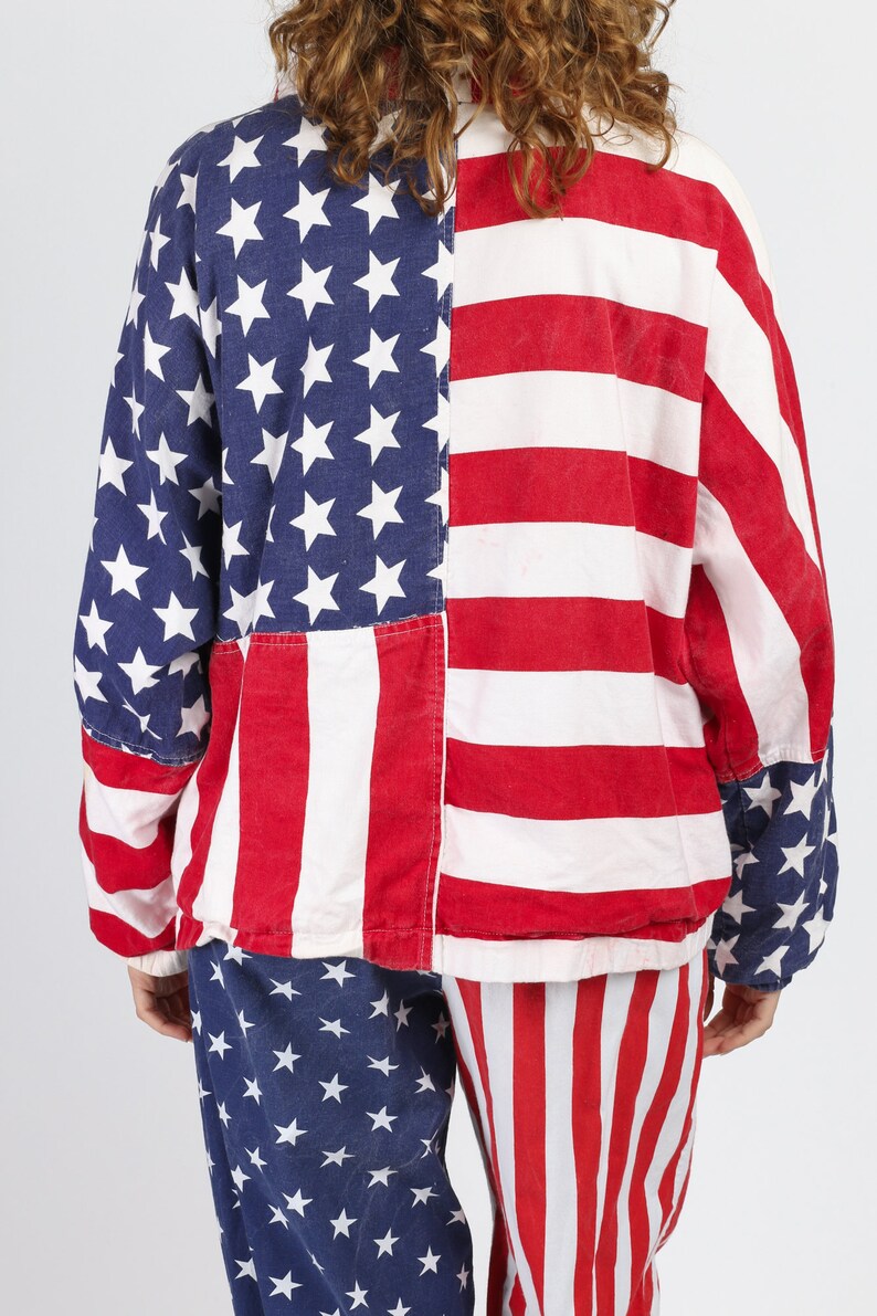 90s American Flag Print Oversize Cotton Windbreaker Vintage Lightweight Zip Up Jacket Large