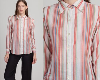 70s Candy Striped Button Up Top Small | Vintage Long Sleeved Collared Shirt