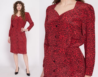 80s Red & Black Sweetheart Neck Midi Dress Medium | Vintage Button Up Long Sleeve Grunge Secretary Dress
