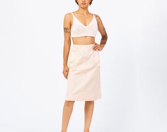 Vintage 70s Courreges Paris Designer Midi Skirt - Small, 26" Waist | Minimalist Khaki High Waisted A-Line Pocket Skirt