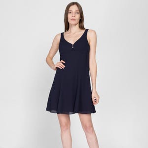 Small 90s Navy Blue Mini Babydoll Party Dress | Vintage Sleeveless A Line Flowy Cocktail Dress