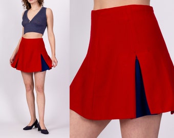 70s Red Cheerleader Mini Skirt Medium, 28" | Vintage Peekaboo Pleated High Waisted Uniform Miniskirt