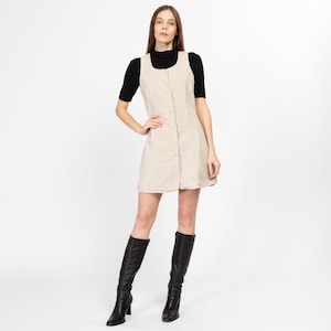 Middelgrote Y2K kaki corduroy mini-jurk met trui | Vintage overgooier met knoopsluiting aan de voorkant