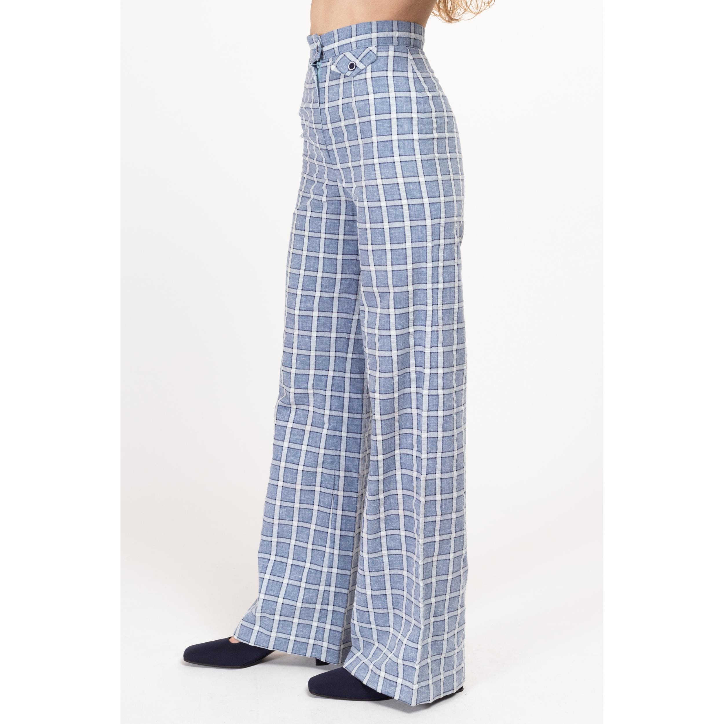 70s Blue & White Windowpane Plaid Flared Pants - XXS, 22.5