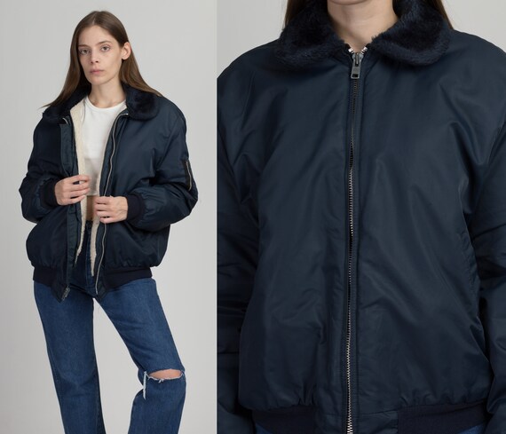 70s Wear Guard Bomber Jacket - Men's Large, Women's XL | Vintage Unisex Navy Blue Faux Fur Collar Coat