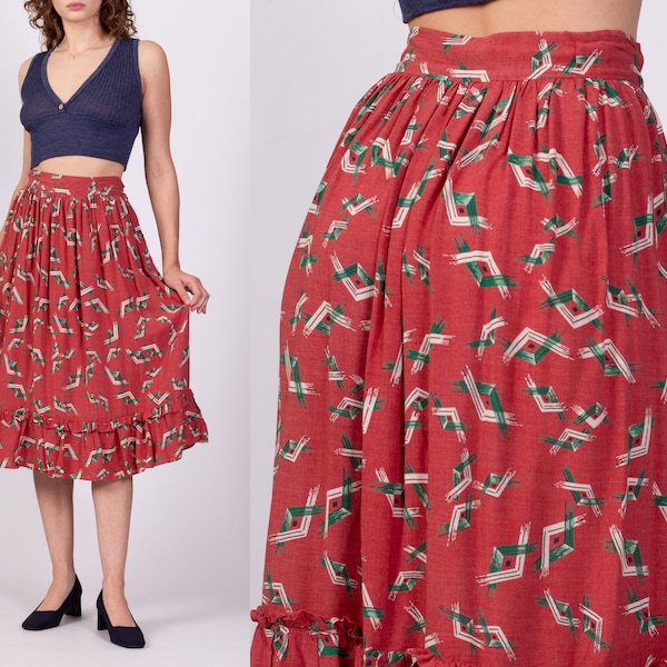 1950s Red Southwestern Geometric Print Midi Skirt Small, 27" | Vintage 50s Boho High Waisted Ruffle Skirt