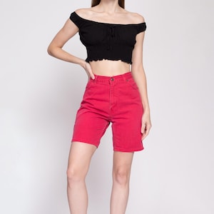 90s Red High Waisted Jean Shorts Extra Small, 25&quot; | Vintage Denim High Rise Bermuda Mom Shorts