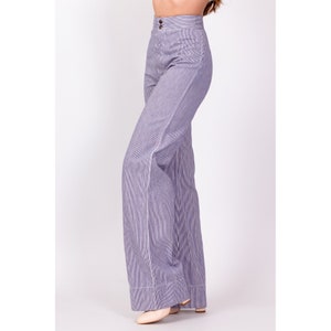 70s Blue & White Pinstriped Pants Extra Small, 23.5 Vintage High Waisted Flares Moody's Goose Retro Hippie Trousers image 4