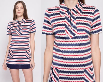 Medium 60s 70s Mod Flame Stitch Top | Vintage Red White Blue Zig Zag Striped Collared Tunic Shirt