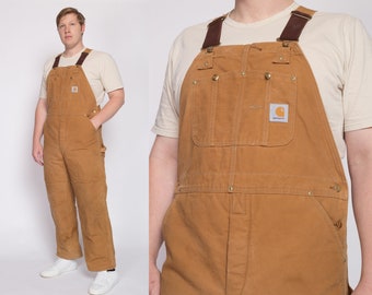 44x31 Vintage Carhartt Insulated Quilt Lined Overalls | 90s Y2K Duck Canvas Tan Workwear Jumpsuit