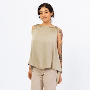 Vintage Giorgio Armani Flowy Sage Green Silk Top - Large | Boho Y2K Designer Cowl Neck Blouse, Elven Scarf Hem Sleeveless Top