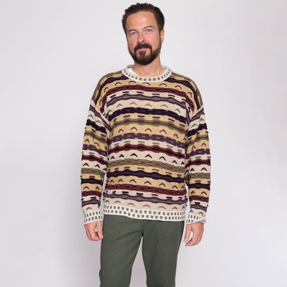 90s Coogi Style 3D Knit Sweater - Large| Vintage Textured Striped 