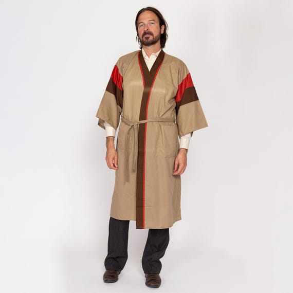One Size 70s Tan & Red Color Block Robe | Vintage… - image 1
