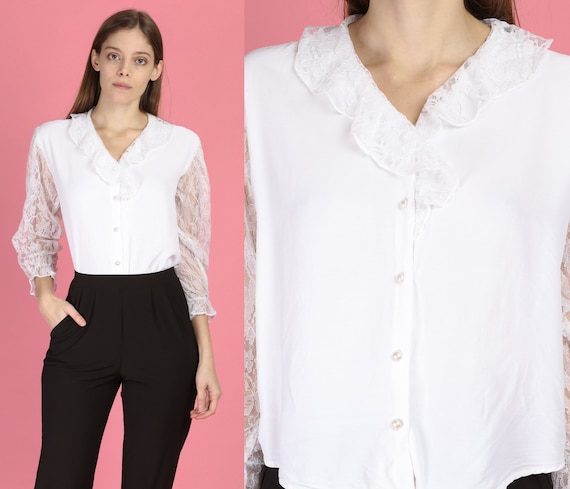 80s White Lace Collar Sheer Sleeve Blouse - Large