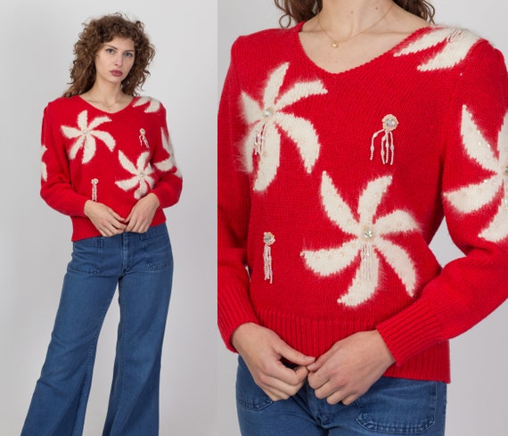 Medium 80s Red & White Pinwheel Angora Sweater | … - image 1