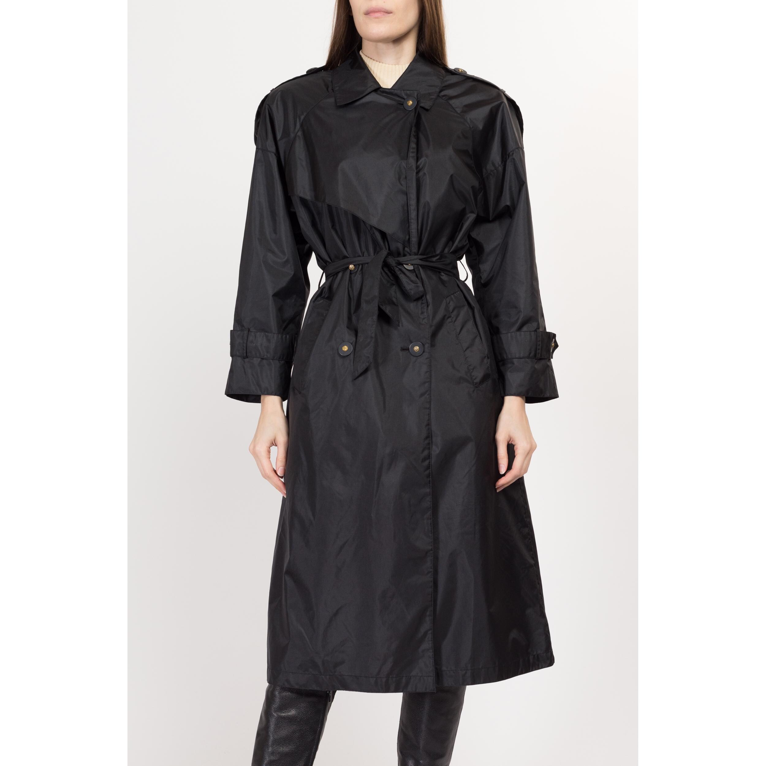 Medium 90s Shiny Black Belted Trench Rain Jacket | Vintage J