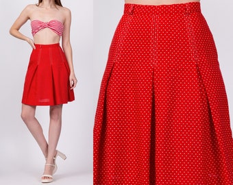 XS 70s Red & White Polka Dot Skirt 23.5" | Retro Vintage A Line Pleated Mini Skirt