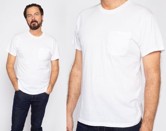 Med-Lrg 90s Plain White Pocket Tee | Vintage Short Sleeve Crewneck Undershirt T Shirt