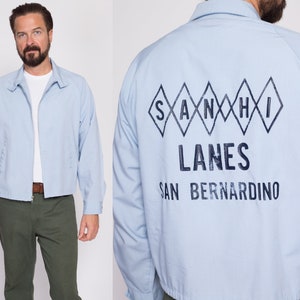 Large 70s San-Hi Lanes San Bernadino Bowling Alley Jacket Vintage Blue Zip Up Lightweight Harrington Jacket image 1