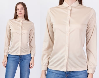 70s Peter Pan Collar Button Up Disco Top Extra Small | Vintage Plain Minimalist Long Sleeve Polyester Blouse