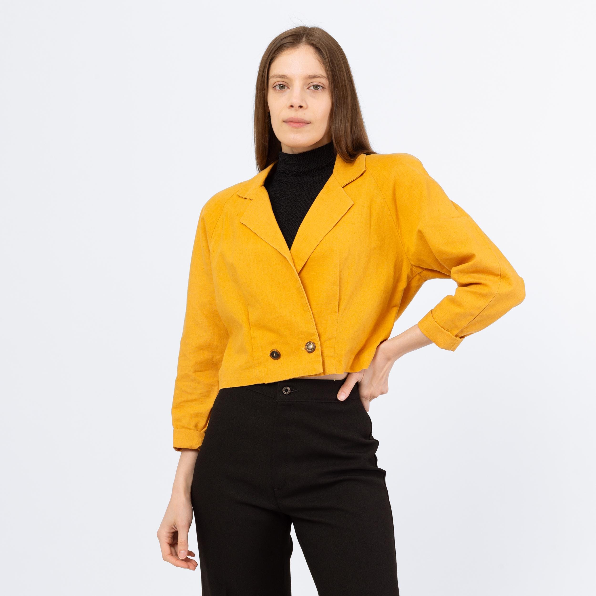 Vintage 80s Mustard Yellow Blazer Crop Top - Small to Medium | Linen Cotton Blend Double Breasted Boxy Cropped Jacket
