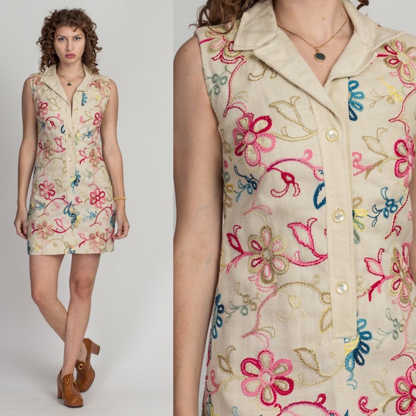 Small 60s Floral Embroidered Button Up Shift Dress | Vintage Charles F. Berg Boho Beige Sleeveless Collared Mini Dress