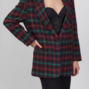 80s Plaid Tweed Longline Blazer Large Vintage Oversize Button Up Notched Collar Jacket image 4