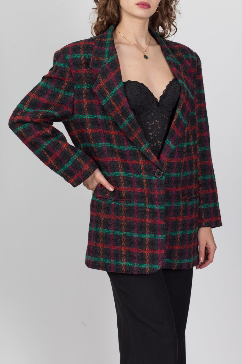 80s Plaid Tweed Longline Blazer Large Vintage Oversize Button Up Notched Collar Jacket image 4