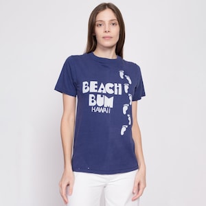 70s Hawaii Beach Bum T Shirt - Small | Vintage Navy Blue Footprint Graphic Tourist Tee