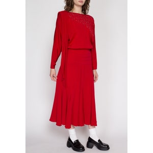 Small 80s Casadei Red Draped Back Midi Dress Vintage Designer Long Sleeve Blouson Shirtdress image 4