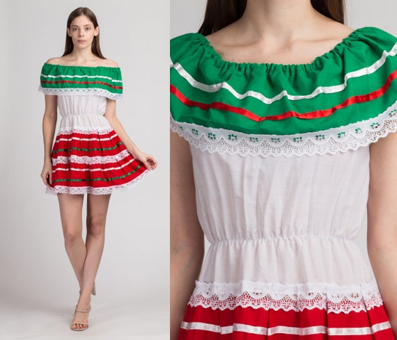 Vintage Mexican Off Shoulder Peasant Mini Dress E… - image 1