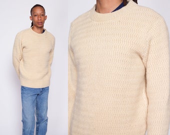 Medium 70s Pendleton Cream Wool Sweater Men's | Vintage Scalloped Knit Pullover Jumper