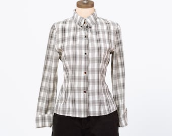 Vintage 90s Black & White Plaid Cuffed Blouse - Small | Button Up Collared Long Sleeve Shirt