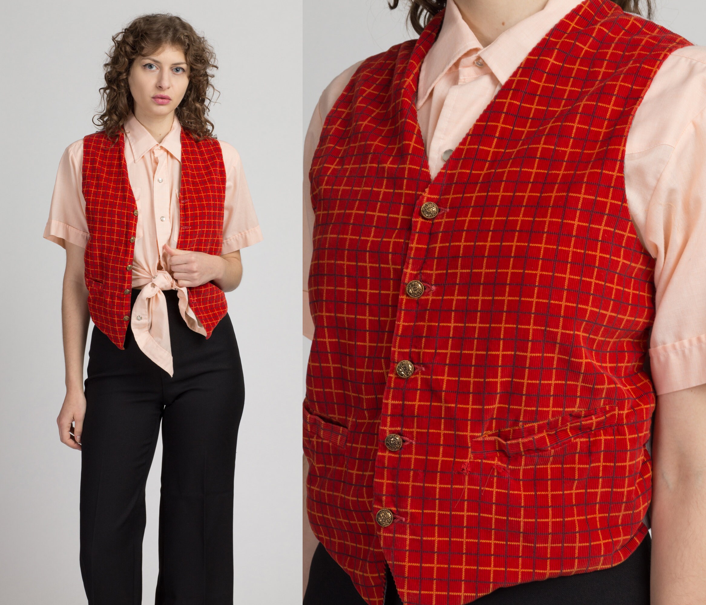 70s Orange Plaid Corduroy Vest - Men's Small, Women's Medium | Vintage Button Up Sleeveless Crop Top