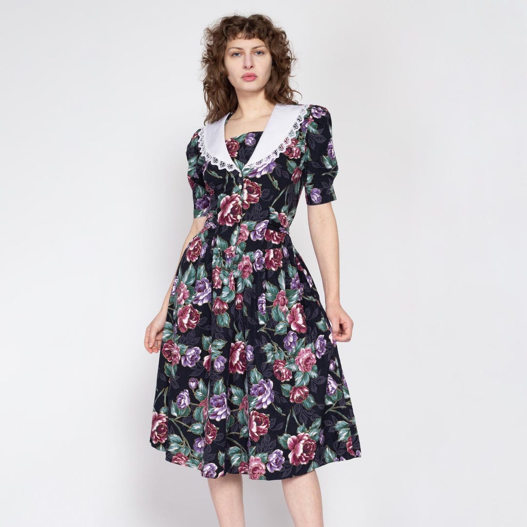 80's Sailor Tie Front Collar Floral Belted Dress by Karen Alexander For Neiman Marcus main image 1