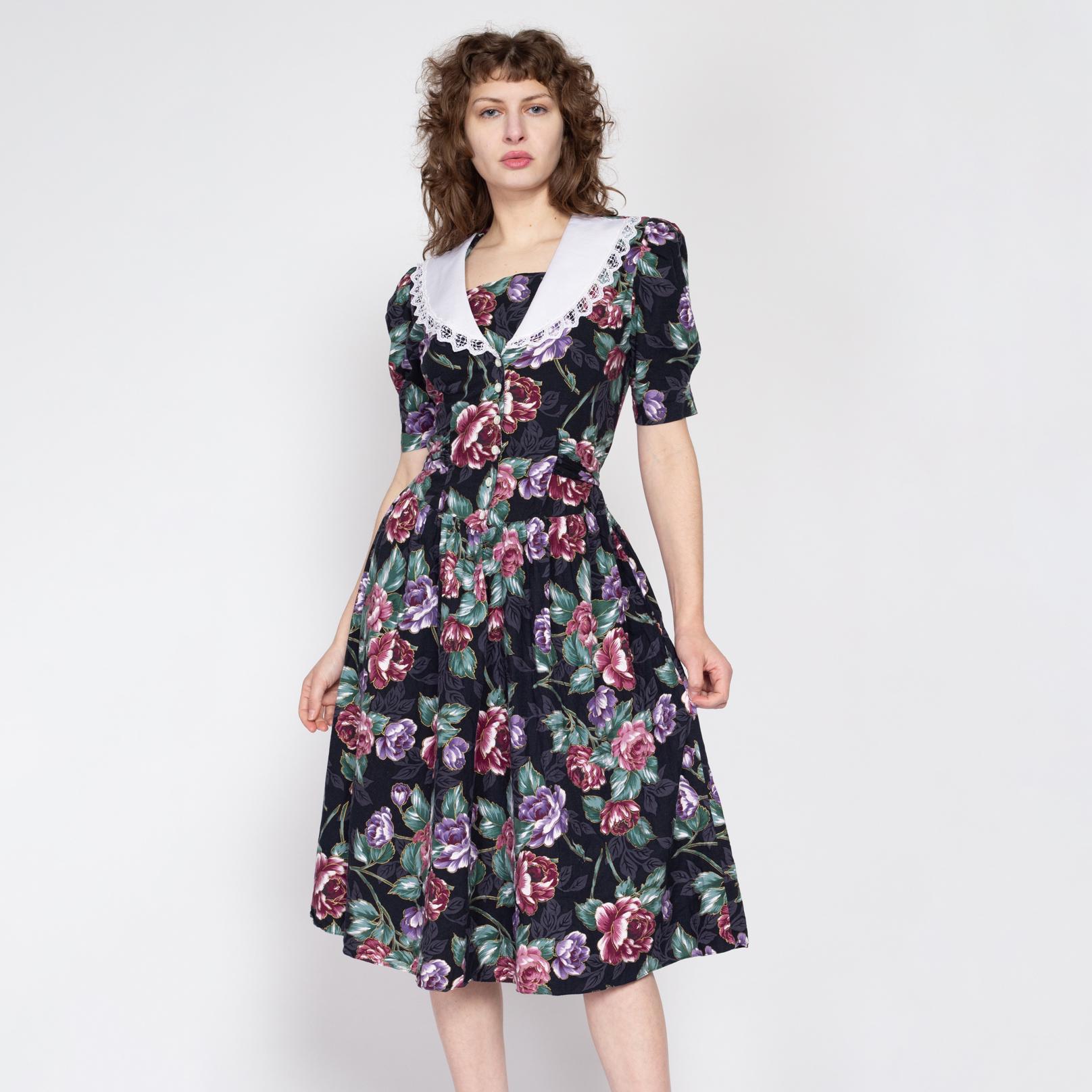 Medium 80s Black Floral Sailor Collar Fit & Flare Dress